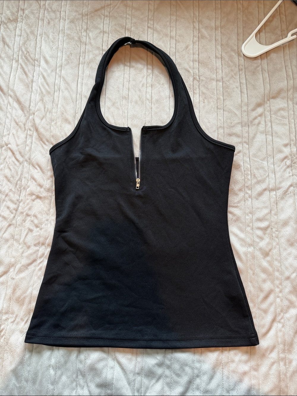 SHEIN Black Halter Zip-Front Tank Top